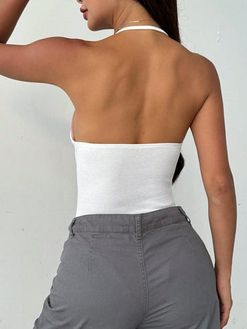 Women's White Deep V-Neck Halter Bodysuit For Summer