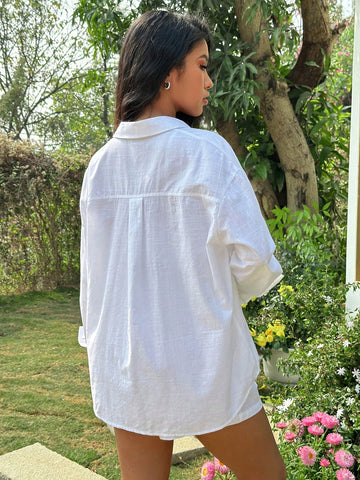 Women's White Weave Set With Drop Shoulder Shirt And Shorts With Slanted Pockets