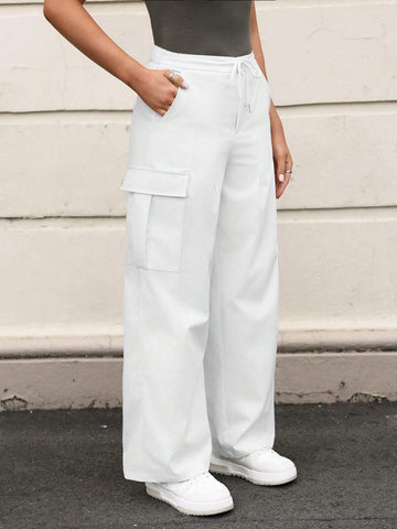 EZwear Women's White Woven Workwear Pants With Pockets