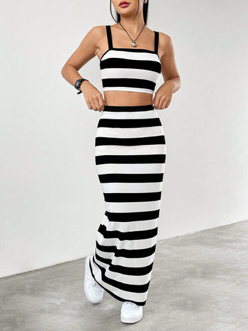 Women's Wide Stripe Tank Top And Skirt Set
