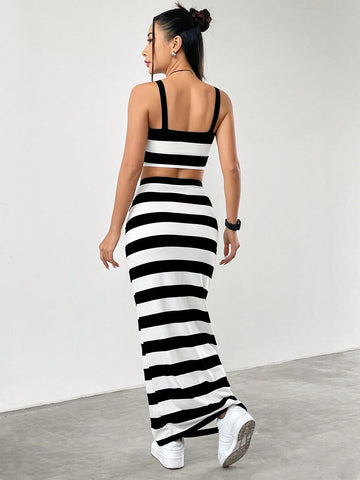 Women's Wide Stripe Tank Top And Skirt Set