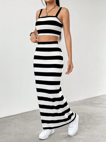 Women's Wide Stripe Tank Top And Skirt Set