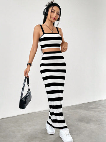 Women's Wide Stripe Tank Top And Skirt Set