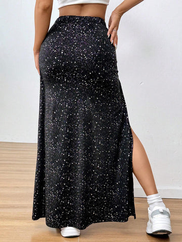 EZwear Women's Y2K Style Silver Foil Print High Slit Skirt