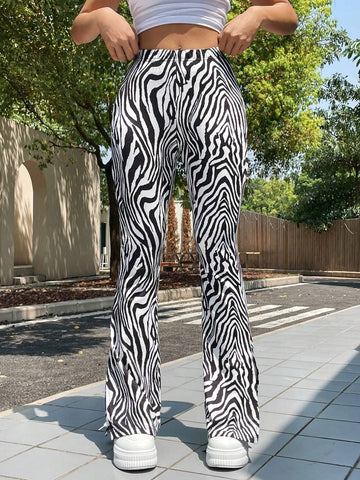 EZwear Women's Zebra Pattern Knitted Tight Flare Pants