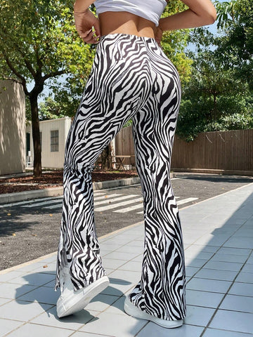 EZwear Women's Zebra Pattern Knitted Tight Flare Pants