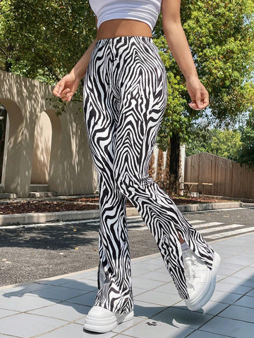 EZwear Women's Zebra Pattern Knitted Tight Flare Pants