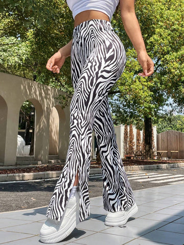 EZwear Women's Zebra Pattern Knitted Tight Flare Pants