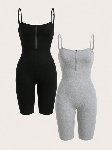 Women's Zipper Tank Top & Skinny Jumpsuit Set, 2pcs