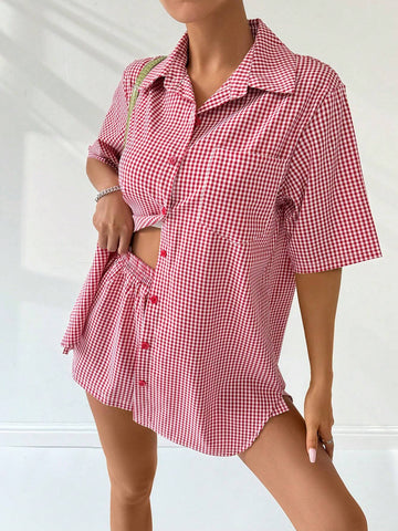 Y2K Red Plaid Shirt 2pcs/Set