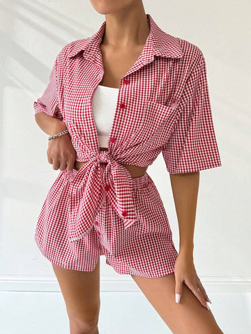 Y2K Red Plaid Shirt 2pcs/Set