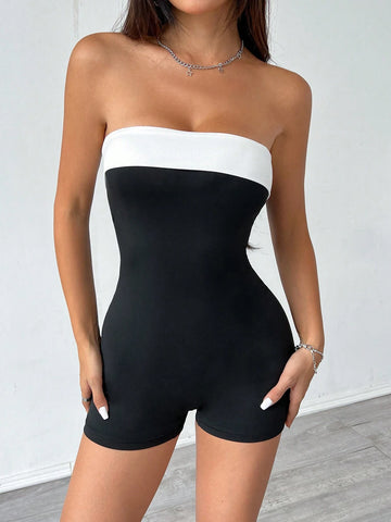 Y2K Retro Color-Blocking Strapless Jumpsuit
