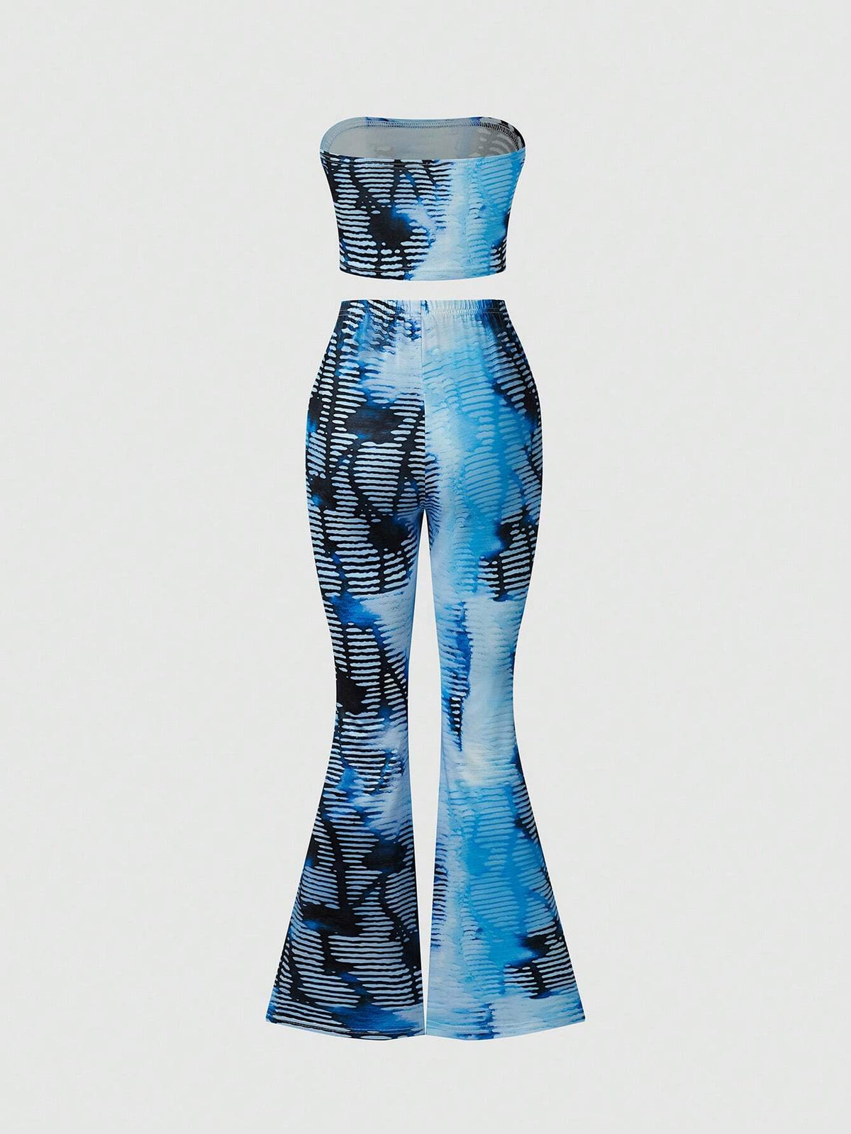 Y2K Tie Dye Printed Strapless Crop Top And Flared Pants Set For Women
