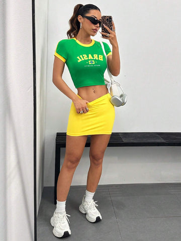 Yellow-Green Color Brazilian Printed Crop T-Shirt And Tight Mini Skirt Set