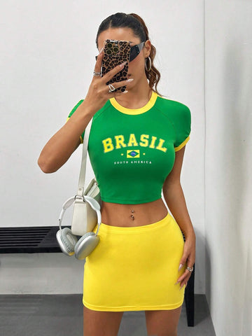 Yellow-Green Color Brazilian Printed Crop T-Shirt And Tight Mini Skirt Set