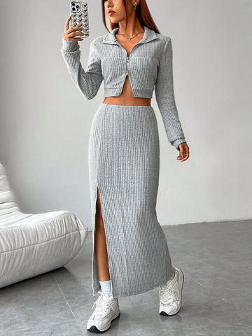 Zip Up Crop Jacket & Split Thigh Skirt