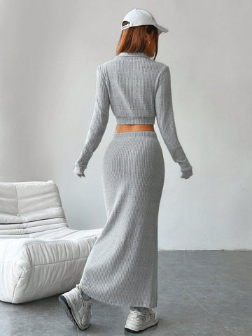 Zip Up Crop Jacket & Split Thigh Skirt