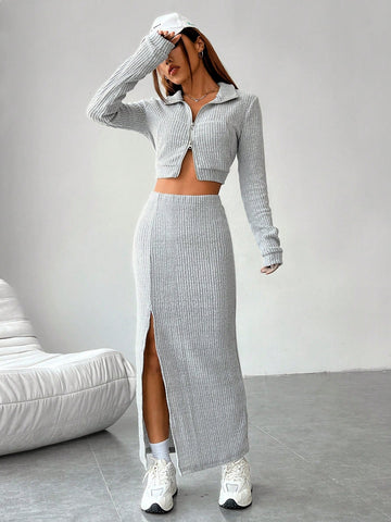 Zip Up Crop Jacket & Split Thigh Skirt