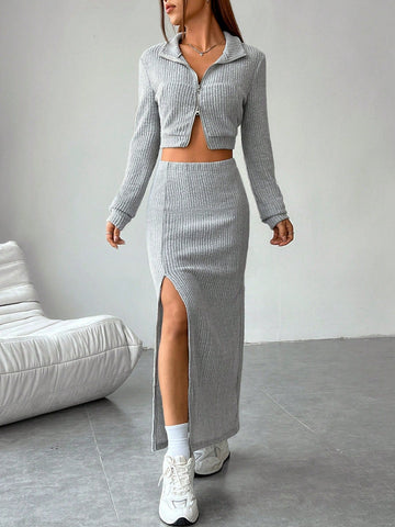 Zip Up Crop Jacket & Split Thigh Skirt