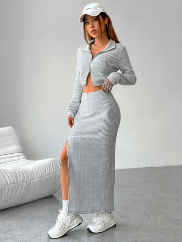 Zip Up Crop Jacket & Split Thigh Skirt