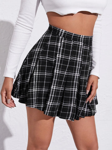 EZwear Zipper Side Plaid Pleated Skirt