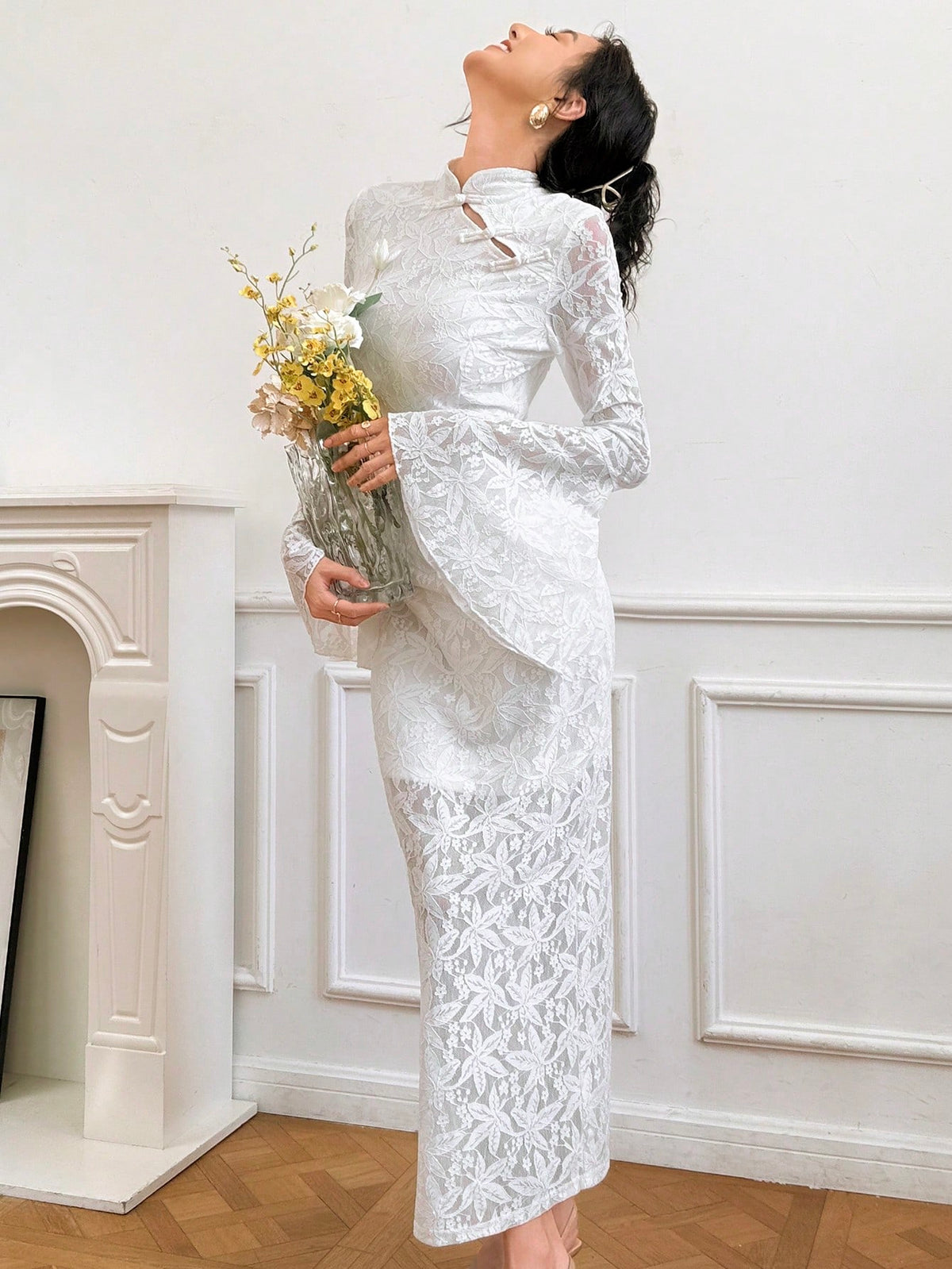 Elegant New Chinese Style Solid Color Lace Button Flared Sleeve Fitted Dress