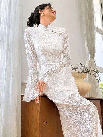 Elegant New Chinese Style Solid Color Lace Button Flared Sleeve Fitted Dress