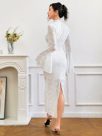 Elegant New Chinese Style Solid Color Lace Button Flared Sleeve Fitted Dress