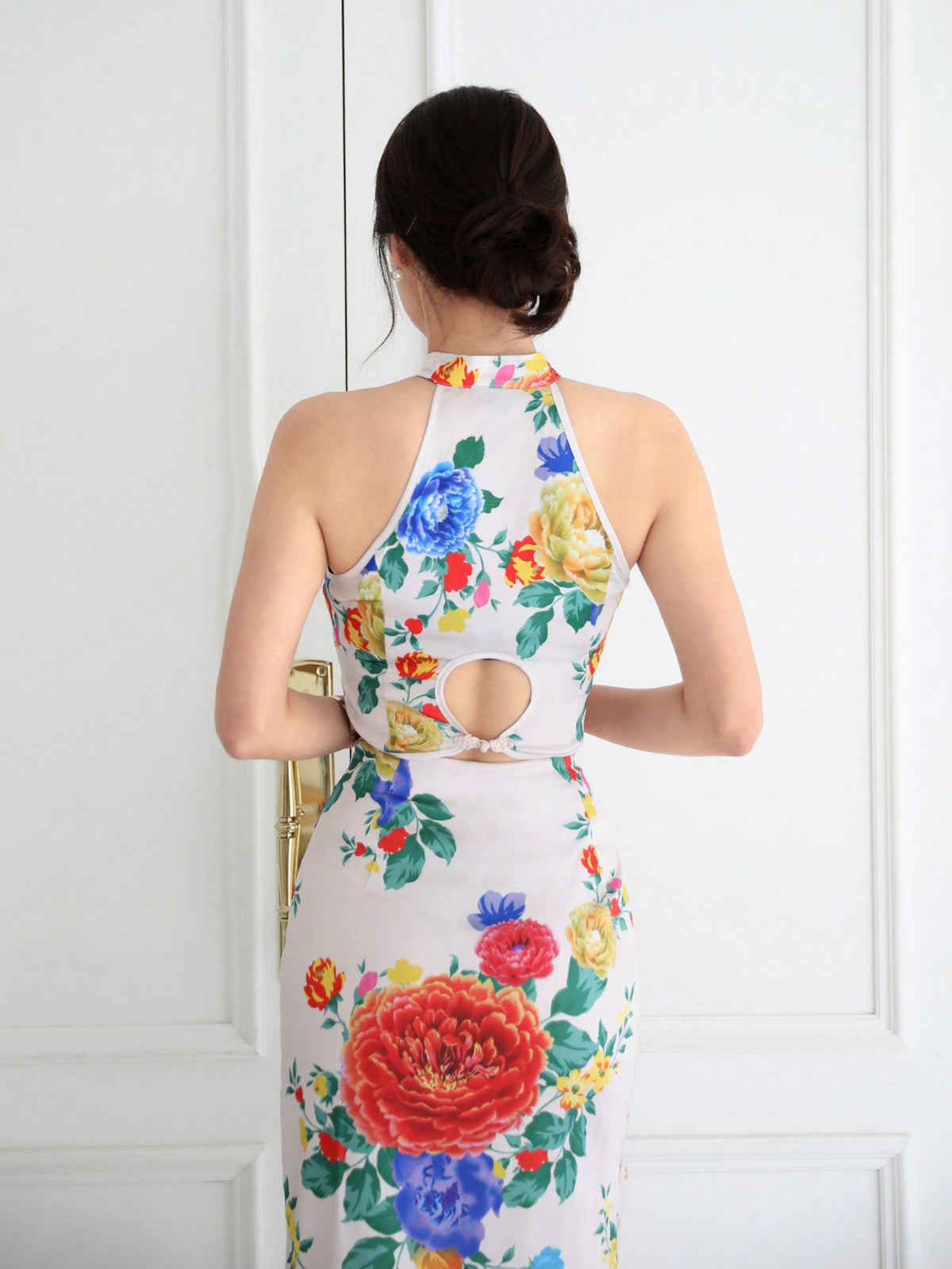 Ladies' Chinese Style Floral Printed Sleeveless Cheongsam Collar Top With Hollow Out High Waist Skirt, 2pcs/Set For New Year'S Party, Valentine's Day, Spring Outing, Etc.