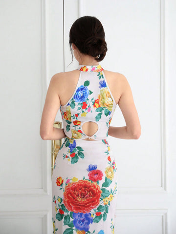Ladies' Chinese Style Floral Printed Sleeveless Cheongsam Collar Top With Hollow Out High Waist Skirt, 2pcs/Set For New Year'S Party, Valentine's Day, Spring Outing, Etc.