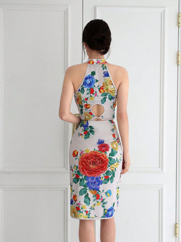 Ladies' Chinese Style Floral Printed Sleeveless Cheongsam Collar Top With Hollow Out High Waist Skirt, 2pcs/Set For New Year'S Party, Valentine's Day, Spring Outing, Etc.
