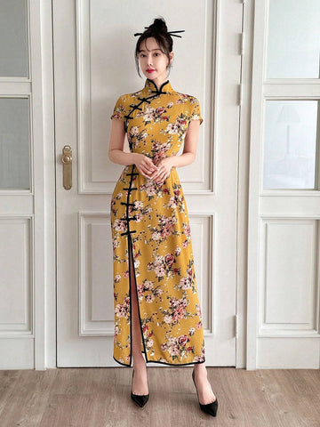 Ladies New Chinese Contrast Trim Peony Print Qipao Dress