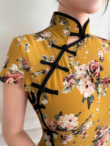 Ladies New Chinese Contrast Trim Peony Print Qipao Dress