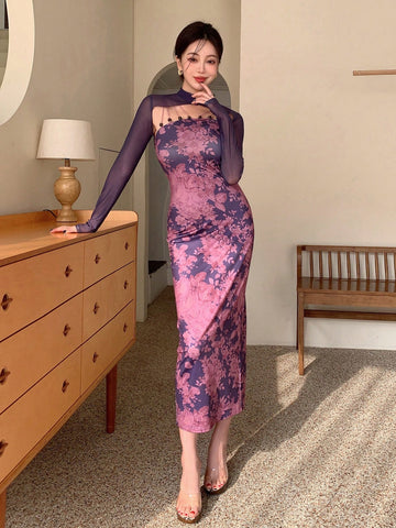 New Chinese-Style Improved Cheongsam-Style Spaghetti Strap, National Style, Floral-Print, Mesh Perspective, Small Shoulder Jacket, Two-Piece Set For Women