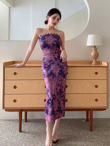 New Chinese-Style Improved Cheongsam-Style Spaghetti Strap, National Style, Floral-Print, Mesh Perspective, Small Shoulder Jacket, Two-Piece Set For Women