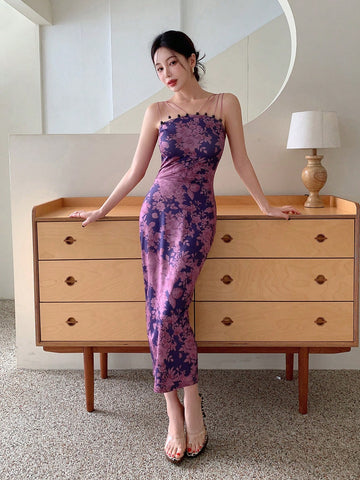 New Chinese-Style Improved Cheongsam-Style Spaghetti Strap, National Style, Floral-Print, Mesh Perspective, Small Shoulder Jacket, Two-Piece Set For Women