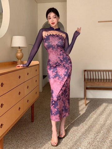 New Chinese-Style Improved Cheongsam-Style Spaghetti Strap, National Style, Floral-Print, Mesh Perspective, Small Shoulder Jacket, Two-Piece Set For Women