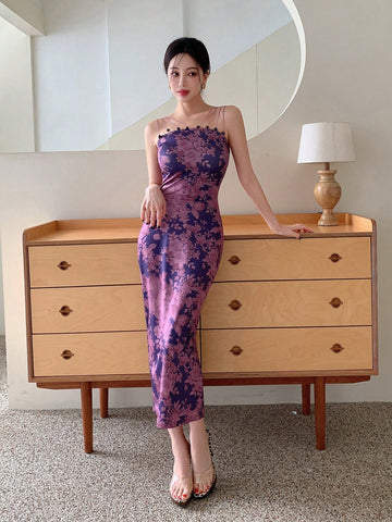 New Chinese-Style Improved Cheongsam-Style Spaghetti Strap, National Style, Floral-Print, Mesh Perspective, Small Shoulder Jacket, Two-Piece Set For Women