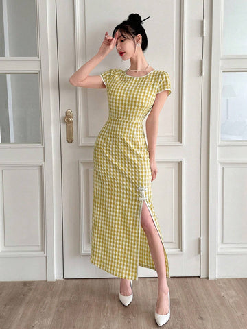 New Chinese Style Contrast Color Border Plaid Split Dress