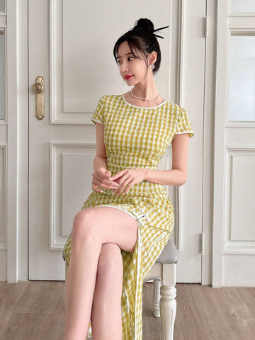 New Chinese Style Contrast Color Border Plaid Split Dress