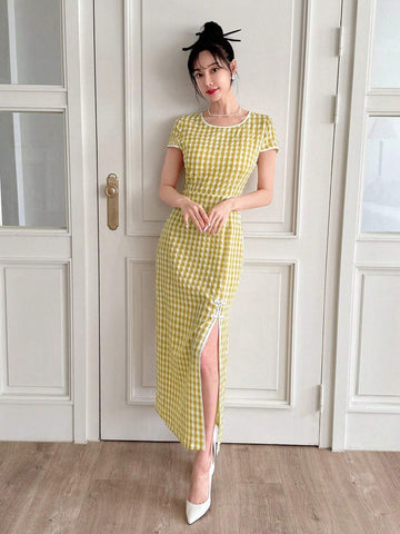 New Chinese Style Contrast Color Border Plaid Split Dress