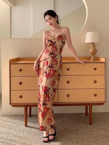 New Chinese Style Flower Print Top With Asymmetrical Hem & Buckle Closure And Skirt Set For Ladies, Perfect For Parties And Spring Outings