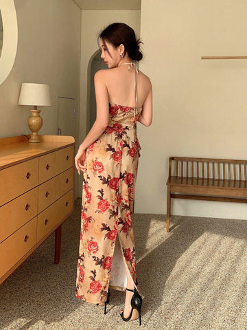 New Chinese Style Flower Print Top With Asymmetrical Hem & Buckle Closure And Skirt Set For Ladies, Perfect For Parties And Spring Outings