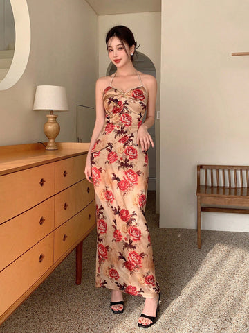 New Chinese Style Flower Print Top With Asymmetrical Hem & Buckle Closure And Skirt Set For Ladies, Perfect For Parties And Spring Outings