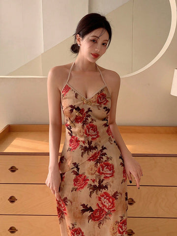 New Chinese Style Flower Print Top With Asymmetrical Hem & Buckle Closure And Skirt Set For Ladies, Perfect For Parties And Spring Outings