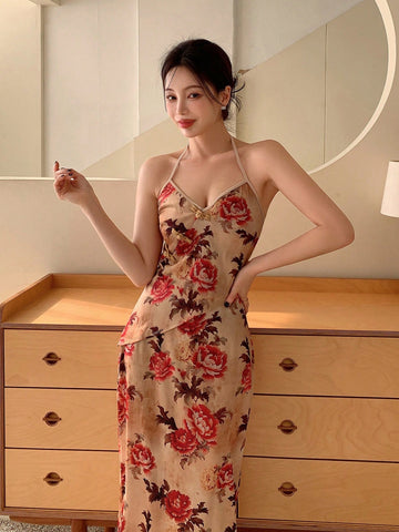 New Chinese Style Flower Print Top With Asymmetrical Hem & Buckle Closure And Skirt Set For Ladies, Perfect For Parties And Spring Outings