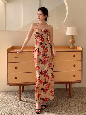 New Chinese Style Flower Print Top With Asymmetrical Hem & Buckle Closure And Skirt Set For Ladies, Perfect For Parties And Spring Outings