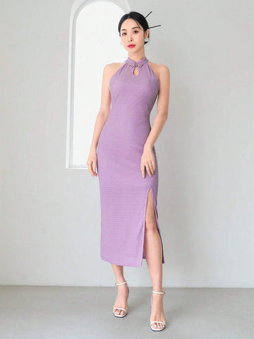 New Chinese Style Sleeveless Knitted Dress With Stand Collar, Water Drop Cut Out And Side Split