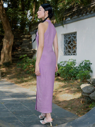 New Chinese Style Sleeveless Knitted Dress With Stand Collar, Water Drop Cut Out And Side Split