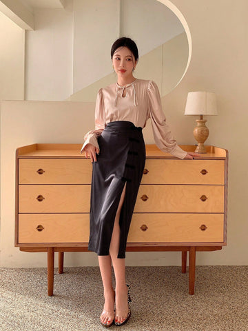 New Chinese Style Tempered Satin Color Block Cheongsam Collar Long-Sleeved Top With Buckled Skirt Dress Two-Piece Set For Women
